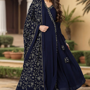 Prussian Blue Poly Georgette Angrakha Pant With Dupatta PKSKD1910