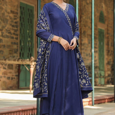 Prussian Blue Poly Georgette Angrakha Pant With Dupatta PKSKD1910