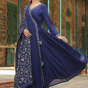 Prussian Blue Poly Georgette Angrakha Pant With Dupatta PKSKD1910
