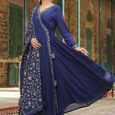 Prussian Blue Poly Georgette Angrakha Pant With Dupatta PKSKD1910