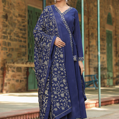 Prussian Blue Poly Georgette Angrakha Pant With Dupatta PKSKD1910