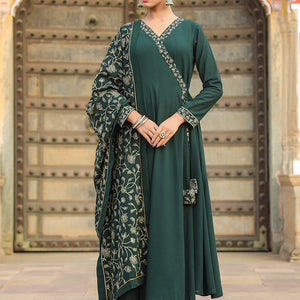 Dark Green Poly Georgette Angrakha Pant With Dupatta PKSKD1912