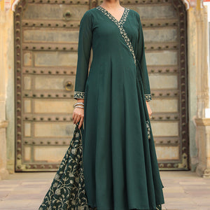 Dark Green Poly Georgette Angrakha Pant With Dupatta PKSKD1912