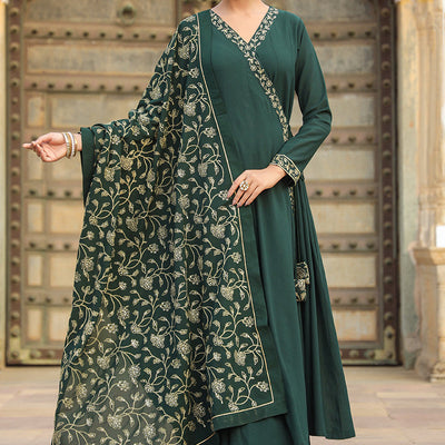 Dark Green Poly Georgette Angrakha Pant With Dupatta PKSKD1912