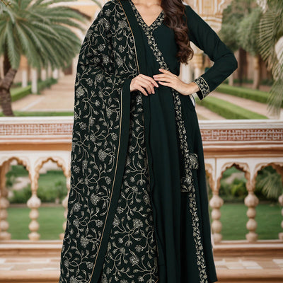Dark Green Poly Georgette Angrakha Pant With Dupatta PKSKD1912