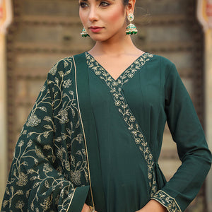 Dark Green Poly Georgette Angrakha Pant With Dupatta PKSKD1912