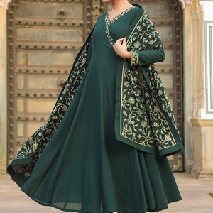 Dark Green Poly Georgette Angrakha Pant With Dupatta PKSKD1912