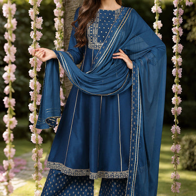 Teal Blue Silk Blend Ethnic Motifs Anarkali Suit Set PKSKD1930
