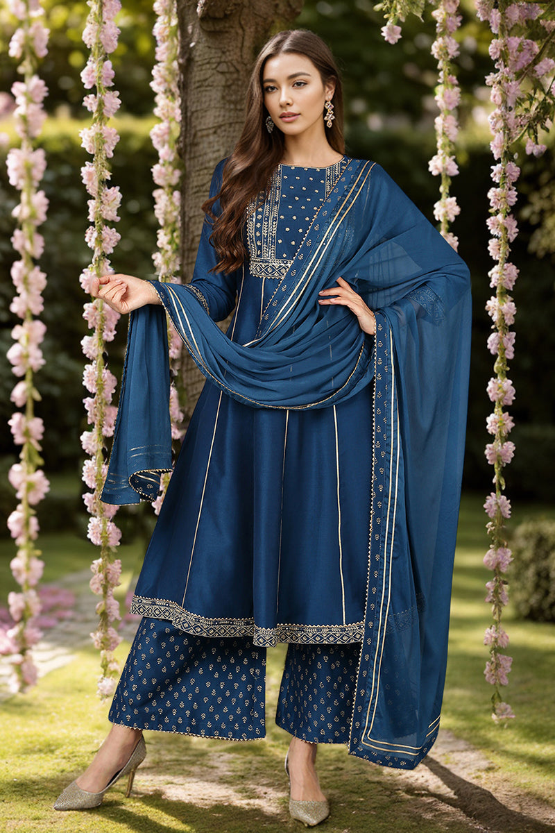 Teal Blue Silk Blend Ethnic Motifs Anarkali Suit Set PKSKD1930