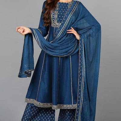 Teal Blue Silk Blend Ethnic Motifs Anarkali Suit Set PKSKD1930
