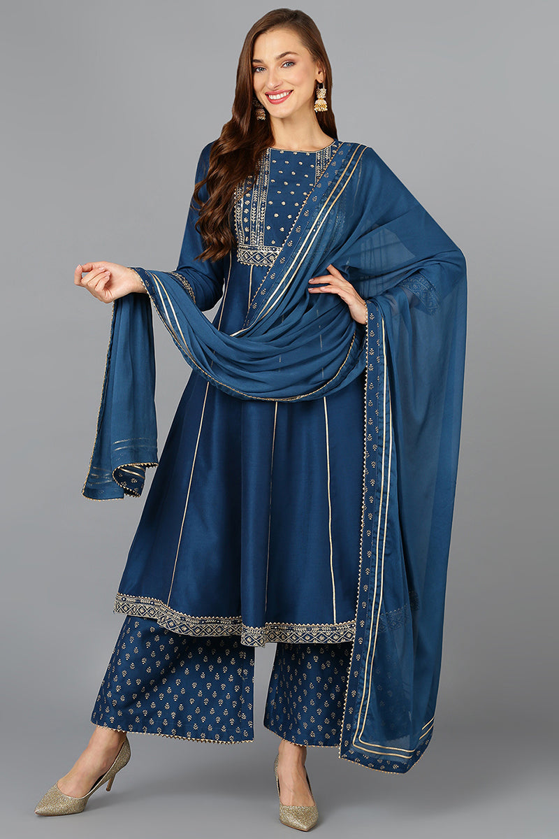 Teal Blue Silk Blend Ethnic Motifs Anarkali Suit Set PKSKD1930