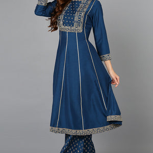 Teal Blue Silk Blend Ethnic Motifs Anarkali Suit Set PKSKD1930