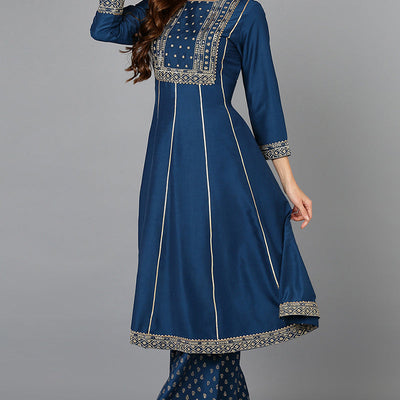 Teal Blue Silk Blend Ethnic Motifs Anarkali Suit Set PKSKD1930