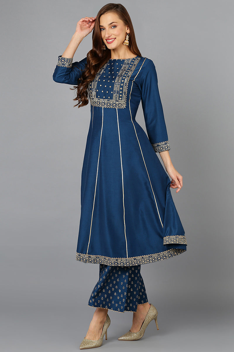 Teal Blue Silk Blend Ethnic Motifs Anarkali Suit Set PKSKD1930
