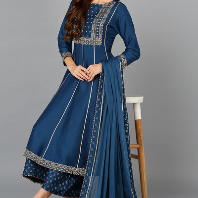 Teal Blue Silk Blend Ethnic Motifs Anarkali Suit Set PKSKD1930