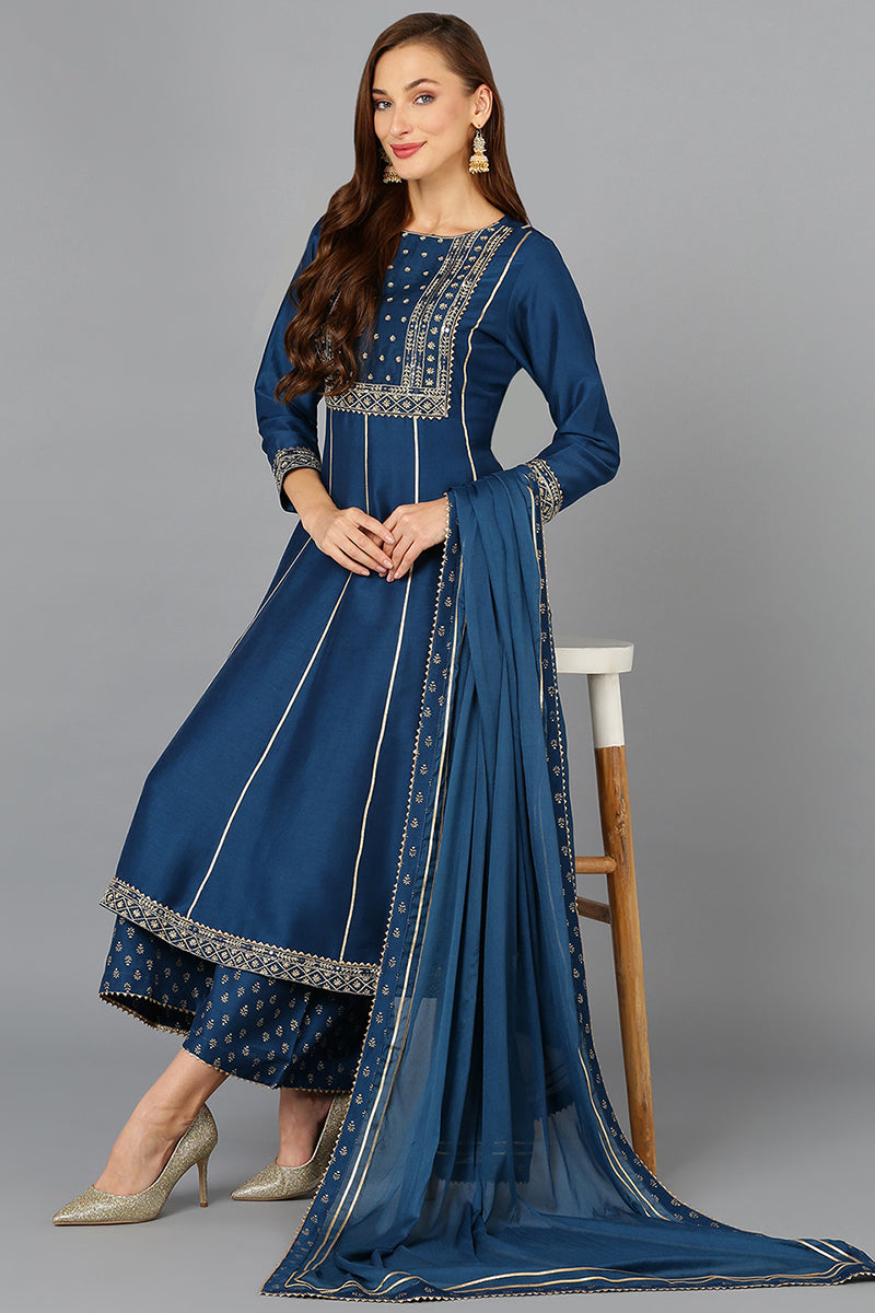 Teal Blue Silk Blend Ethnic Motifs Anarkali Suit Set PKSKD1930