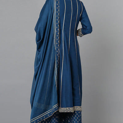 Teal Blue Silk Blend Ethnic Motifs Anarkali Suit Set PKSKD1930