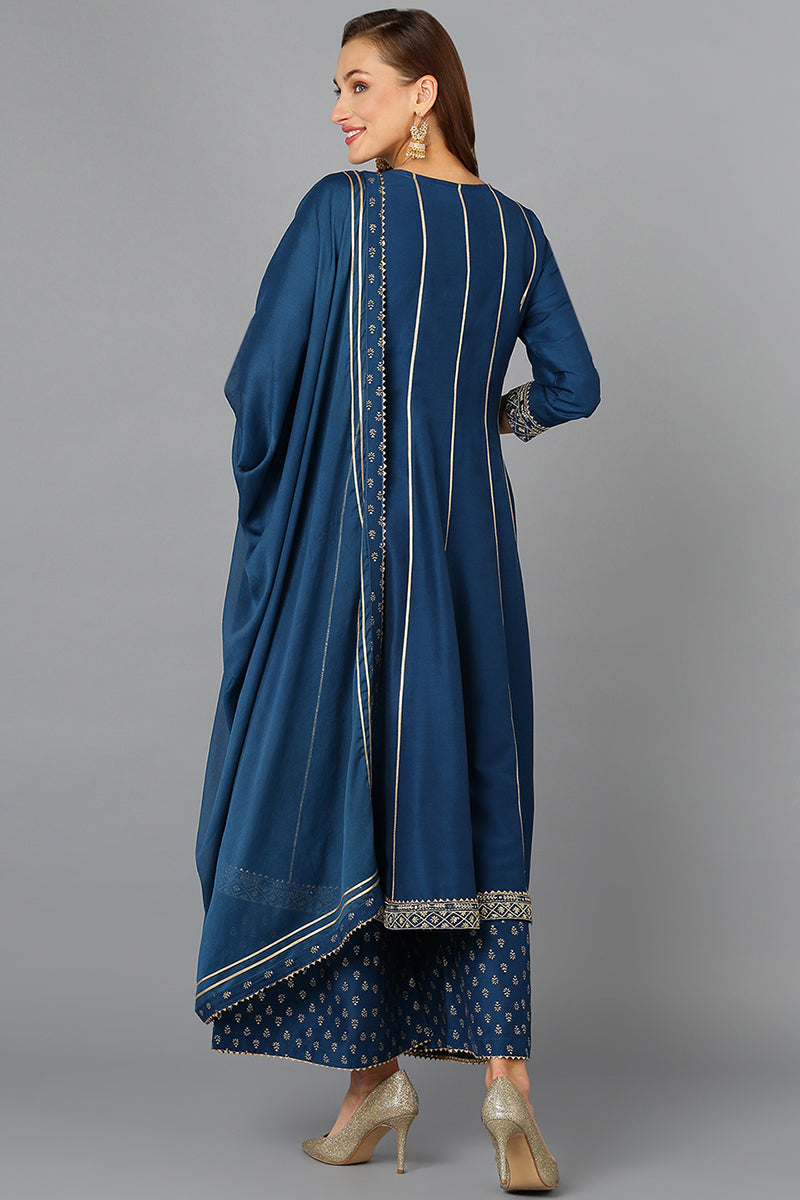 Teal Blue Silk Blend Ethnic Motifs Anarkali Suit Set PKSKD1930