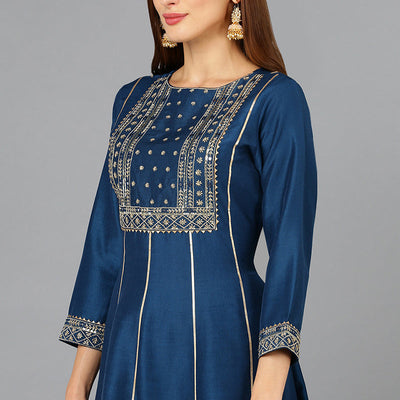 Teal Blue Silk Blend Ethnic Motifs Anarkali Suit Set PKSKD1930