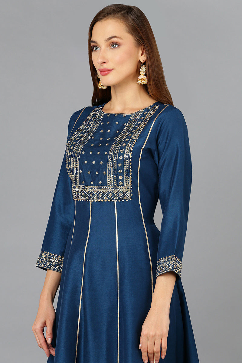 Teal Blue Silk Blend Ethnic Motifs Anarkali Suit Set PKSKD1930