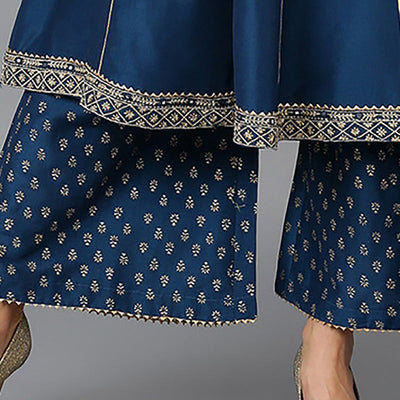 Teal Blue Silk Blend Ethnic Motifs Anarkali Suit Set PKSKD1930