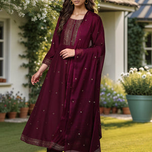 Burgundy Silk Blend Woven Design Flared Suit Set PKSKD1986