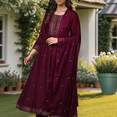 Burgundy Silk Blend Woven Design Flared Suit Set PKSKD1986