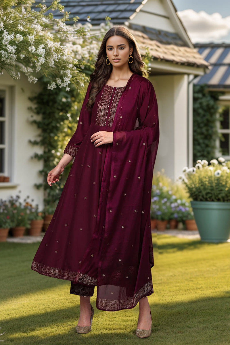 Burgundy Silk Blend Woven Design Flared Suit Set PKSKD1986