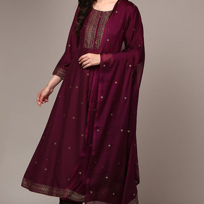 Burgundy Silk Blend Woven Design Flared Suit Set PKSKD1986