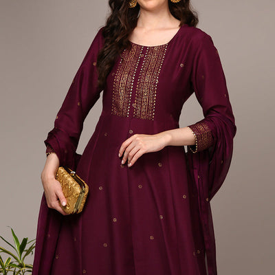 Burgundy Silk Blend Woven Design Flared Suit Set PKSKD1986