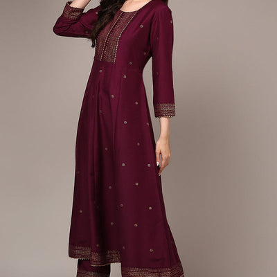 Burgundy Silk Blend Woven Design Flared Suit Set PKSKD1986