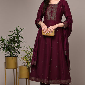 Burgundy Silk Blend Woven Design Flared Suit Set PKSKD1986