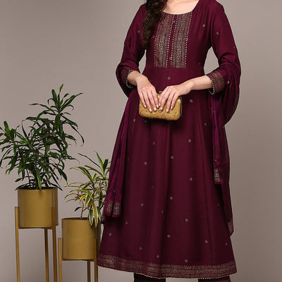 Burgundy Silk Blend Woven Design Flared Suit Set PKSKD1986