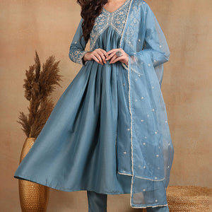 Blue Silk Blend Solid Embroidered Anarkali Suit Set PKSKD2013