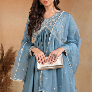 Blue Silk Blend Solid Embroidered Anarkali Suit Set PKSKD2013