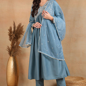 Blue Silk Blend Solid Embroidered Anarkali Suit Set PKSKD2013