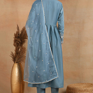 Blue Silk Blend Solid Embroidered Anarkali Suit Set PKSKD2013