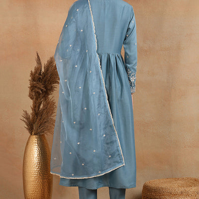 Blue Silk Blend Solid Embroidered Anarkali Suit Set PKSKD2013