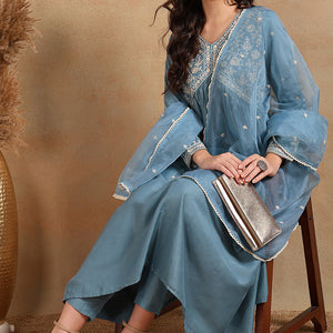Blue Silk Blend Solid Embroidered Anarkali Suit Set PKSKD2013