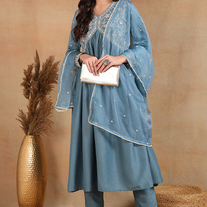 Blue Silk Blend Solid Embroidered Anarkali Suit Set PKSKD2013