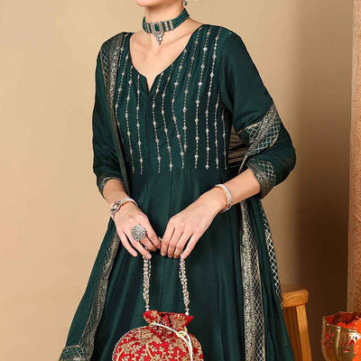 Green Silk Blend Woven Design Anarkali Suit Set PKSKD2051