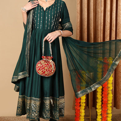 Green Silk Blend Woven Design Anarkali Suit Set PKSKD2051