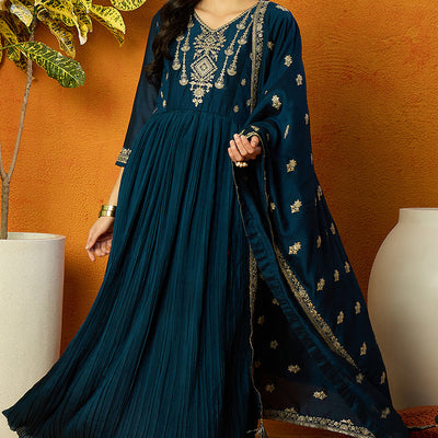 Indigo Blue Silk Blend Solid Embroidered Anarkali Style Suit Set PKSKD2060