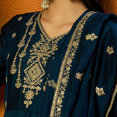 Indigo Blue Silk Blend Solid Embroidered Anarkali Style Suit Set PKSKD2060