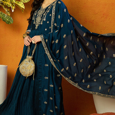 Indigo Blue Silk Blend Solid Embroidered Anarkali Style Suit Set PKSKD2060