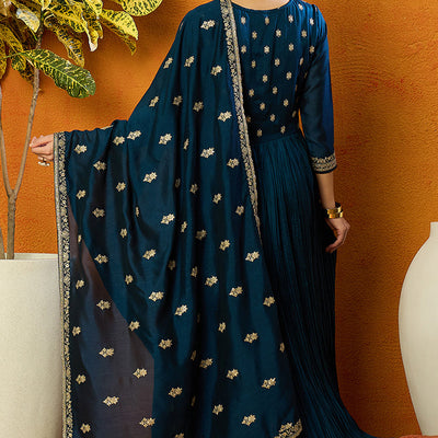 Indigo Blue Silk Blend Solid Embroidered Anarkali Style Suit Set PKSKD2060