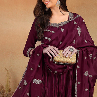 Purple Silk Blend Solid Embroidered Anarkali Suit Set PKSKD2064