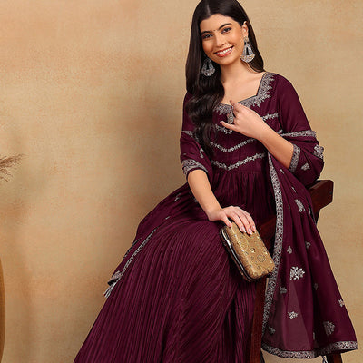 Purple Silk Blend Solid Embroidered Anarkali Suit Set PKSKD2064