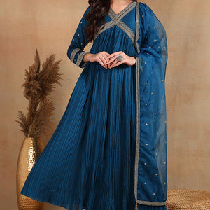 Blue Silk Blend Solid Embroidered Flared Style Suit Set PKSKD2095