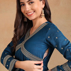 Blue Silk Blend Solid Embroidered Flared Style Suit Set PKSKD2095